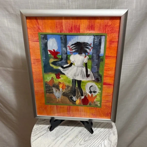 Folk Art Girl & her chickens painting - Picture 2 of 2